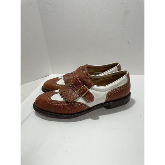 Callaway Golf Shoes Men's 9.5 Brown White Wing Monk Strap‎ Buckle Spikes Italy - Picture 4 of 10